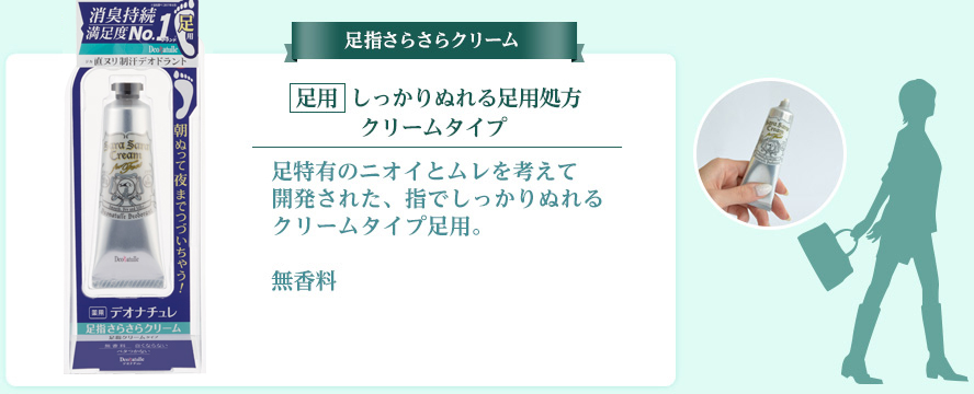 足指さらさらクリーム 足用 効果重視の足用クリーム 足特有のニオイとムレを考えて 開発された、指でしっかりぬれるクリームタイプ足用。 無香料