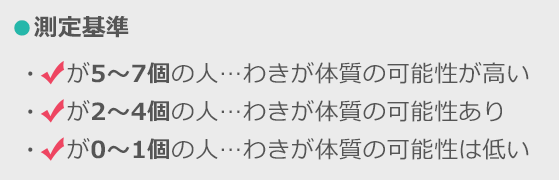 ●測定基準 5～7個の人…わきが体質の可能性が高い 2～4個の人…わきが体質の可能性あり が0～1個の人…わきが体質の可能は低い