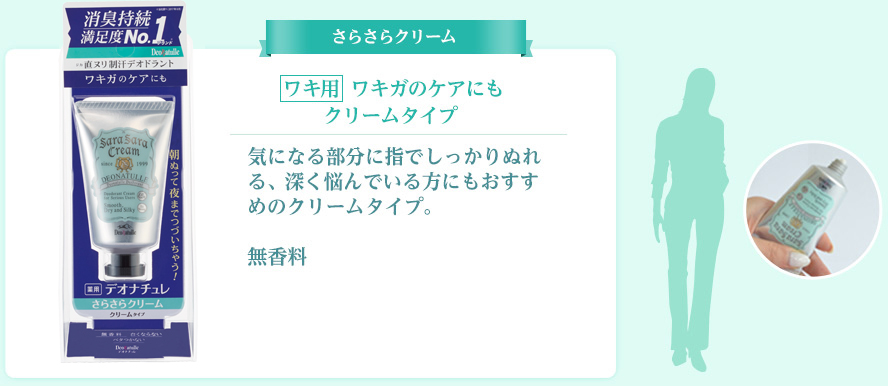 さらさらクリーム ワキ用 とにかく効果重視のクリーム 気になる部分に指でしっかり ぬれる、深く悩んでいる方にも おすすめのクリームタイプ。 無香料